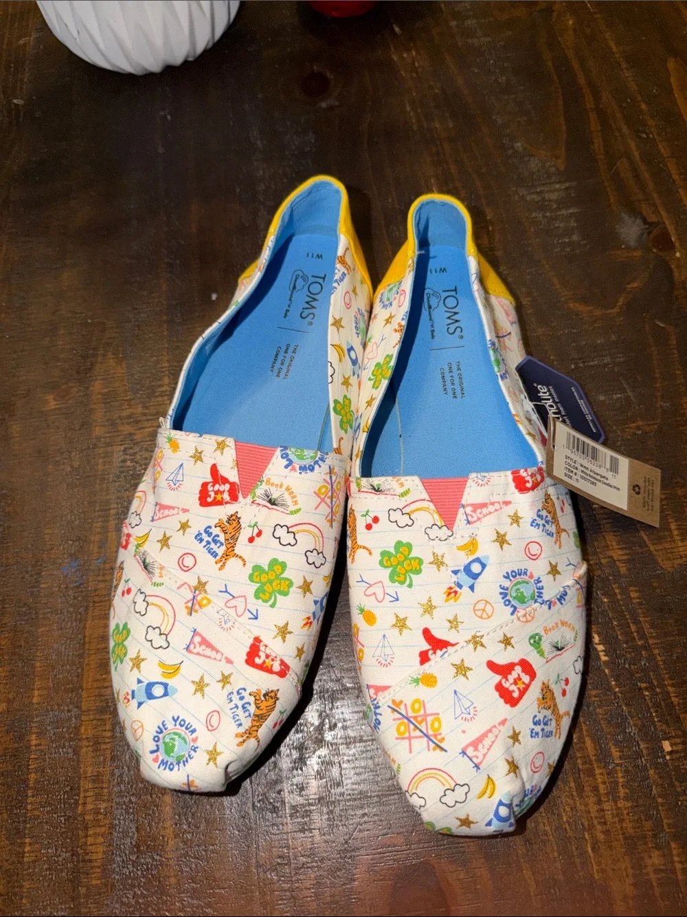 Toms Womens Printed Doodle Pad Canva Slip-Ons in White with Yellow and Blue